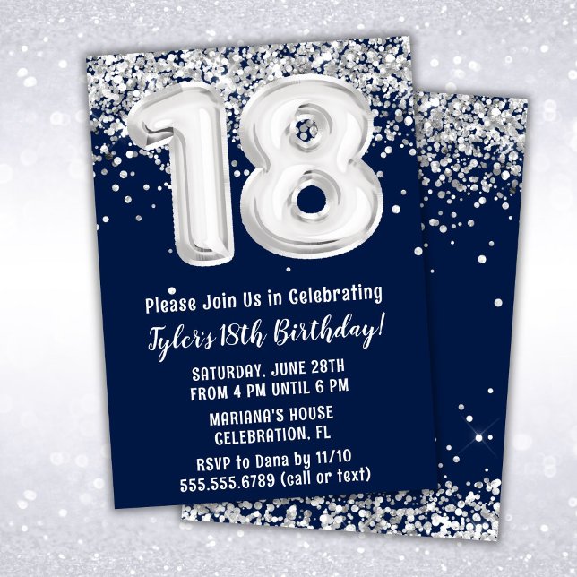 Invitation Navy Blue Silver 18e fête d'anniversaire (Créateur téléchargé)