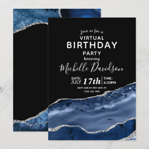 Invitation Navy Blue & Silver Agate Virtual Birthday Invitati