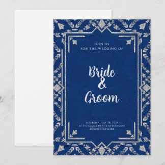 Invitation Navy Blue Silver Botanical Snowflake Winter