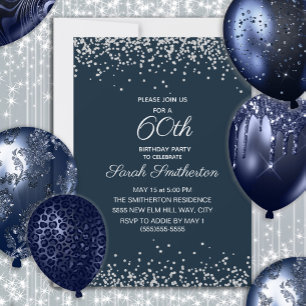 Invitation Navy Blue Silver Diamond Pailleté 60e Anniversaire