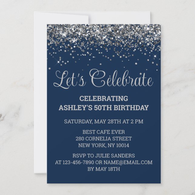 Invitation Navy Blue & Silver Glitter 50th Birthday Party (Devant)