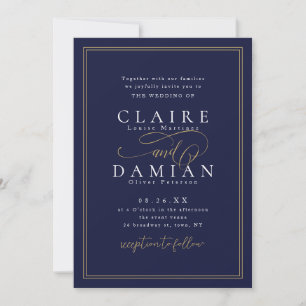Invitation Navy Blue Simple Elegance Romantique Script Mariag