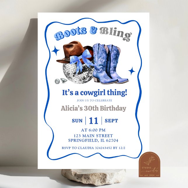 Invitation Navy Blue Space Cowgirl Boots and Bling Birthday  (Créateur téléchargé)