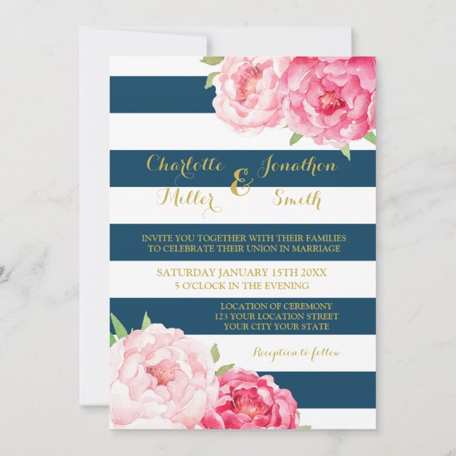 Invitation Navy Blue Stripes rose Fleurs de mariage Invitatio (Dos)