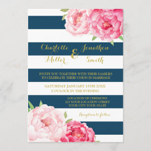 Invitation Navy Blue Stripes rose Fleurs de mariage Invitatio