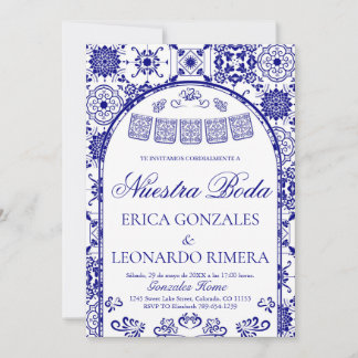 Invitation Navy Blue Talavera Papel Picado Spanish Wedding
