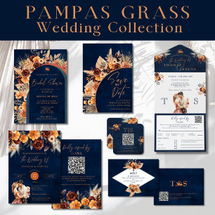 Invitation Navy Blue & Terracotta QR Code Enregistrer La Date