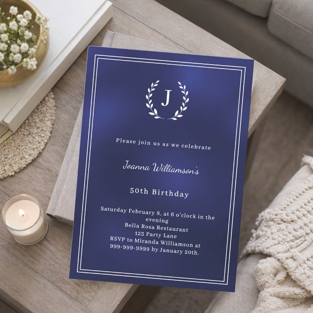Invitation Navy blue white monogrammed wreath birthday (Créateur téléchargé)