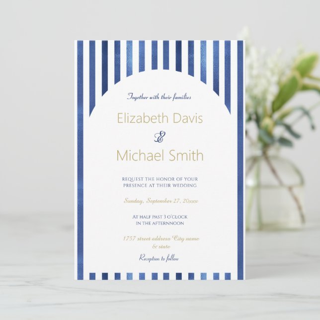 Invitation Navy Blue & White Stripes Coastal Nautical Design (Debout devant)