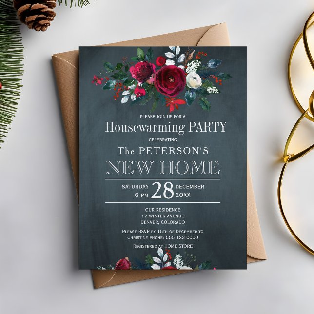 Invitation Navy Blue Winter Rustic Floral House Party (Créateur téléchargé)
