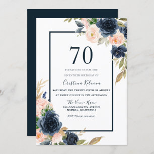 Invitation Navy & Blush Floral Élégant 70e anniversaire fête