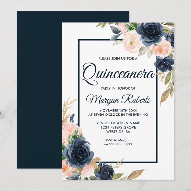 Invitation Navy & Blush Floral Elegant Quinceanera Party (Devant / Derrière)