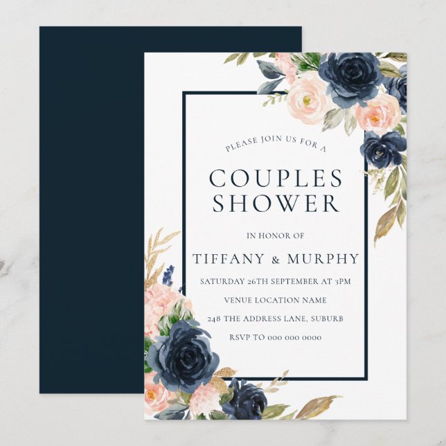 Invitation Navy & Blush Floral Élégant Shower pour couples (Devant / Derrière)