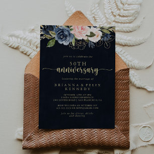 Invitation Navy Blush Floral Or 50e anniversaire de mariage 