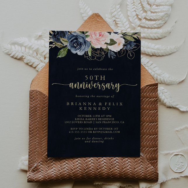 Invitation Navy Blush Floral Or 50e Anniversaire De Mariage  (Créateur téléchargé)