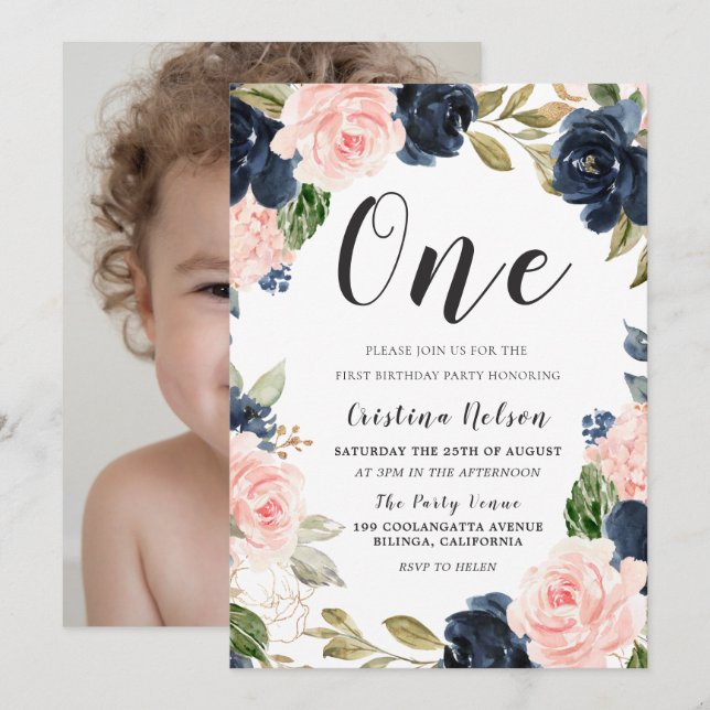 Invitation Navy Blush Flowers 1er anniversaire fête garçon ou (Devant / Derrière)