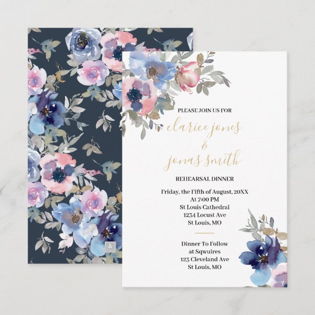 Invitation Navy & Blush Watercolor Flowers Rehearsal Dinner (Devant / Derrière)