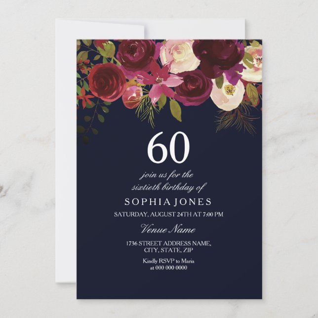 Invitation Navy & Burgundy Flowers 60e anniversaire Invitatio (Devant)