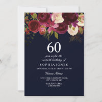 Navy & Burgundy Flowers 60e anniversaire Invitatio