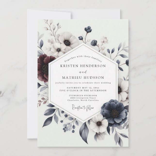 Invitation Navy Burgundy Winter Bloom Wedding (Devant)