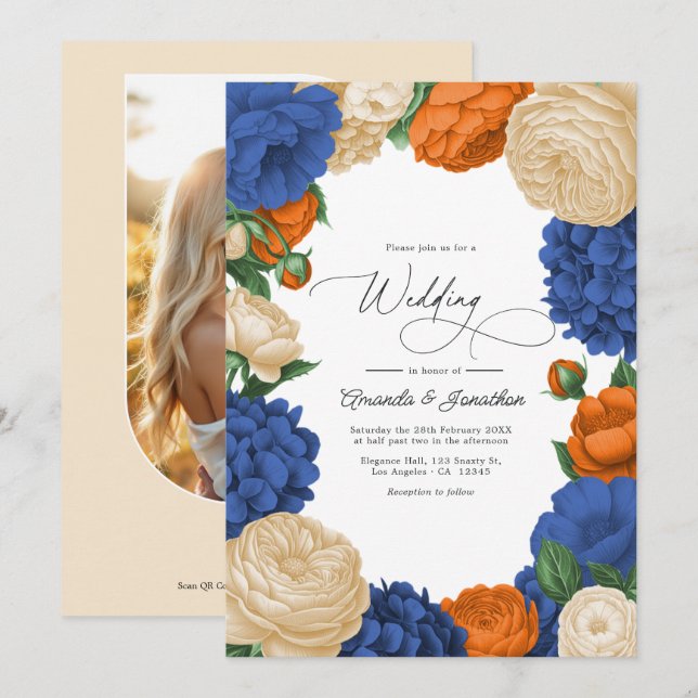 Invitation Navy, Burnt Orange & Champagne Floral Wedding (Devant / Derrière)