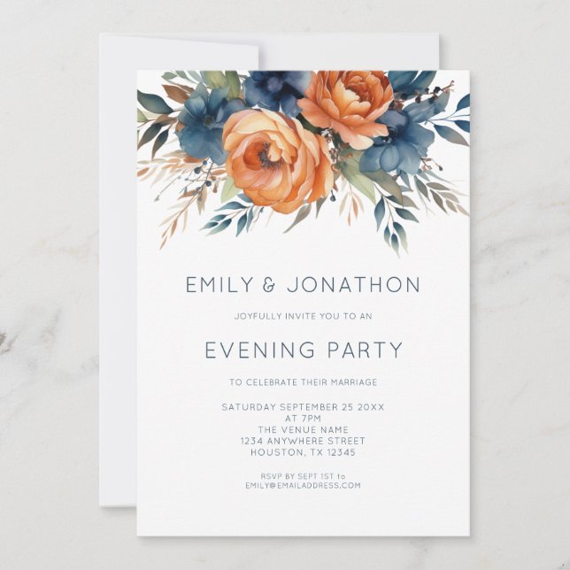 Invitation Navy Burnt Orange Florals Wedding Evening Party (Devant)