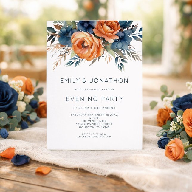 Invitation Navy Burnt Orange Florals Wedding Evening Party (Créateur téléchargé)
