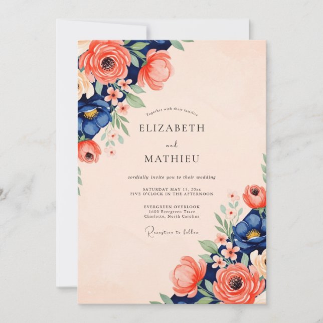 Invitation Navy Coral Radiant Spring Wedding (Devant)