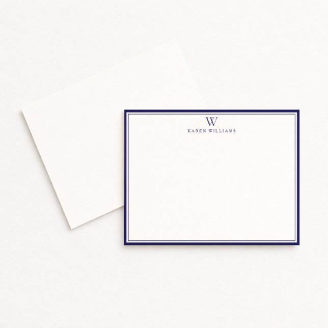 Invitation Navy Double Border Monogram Off-White Note Card (Créateur téléchargé)