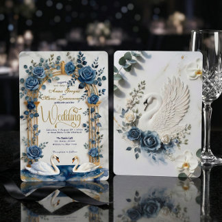 Invitation Navy Dusty Blue Gold Faux Foil Floral Swan Wedding