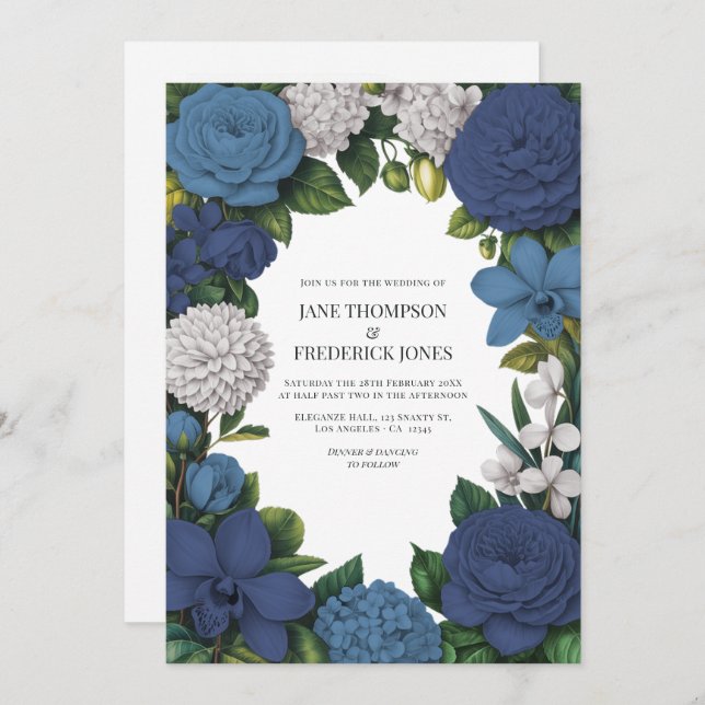 Invitation Navy, Dusty Blue & Silver Floral Wedding (Devant / Derrière)