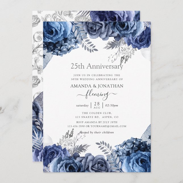 Invitation Navy et Blanc avec Feuille d'Argent 25e Anniversai (Devant / Derrière)