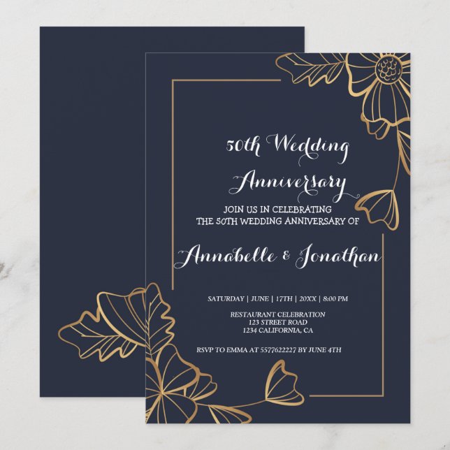 Invitation Navy & floral doré   Anniversaire de mariage (Devant / Derrière)