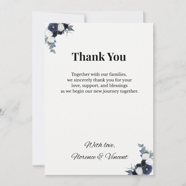 Invitation Navy Floral Wedding Thank You Card (Devant)