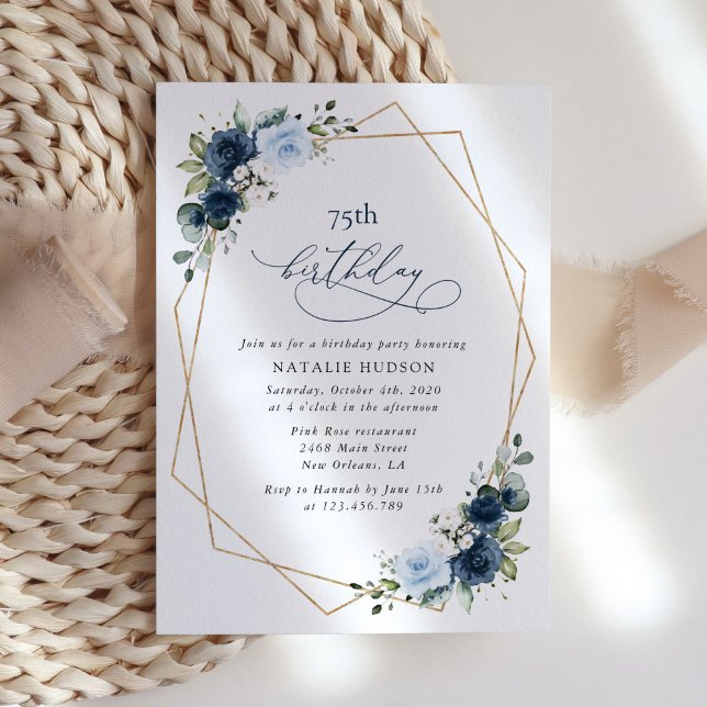 Invitation Navy Flowers, Blue Flowers, Greenery, Birthday (Créateur téléchargé)