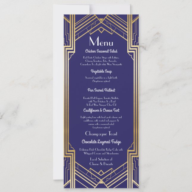 Invitation Navy Gatsby Menu Wedding Reception 1920's Art Déco (Devant)