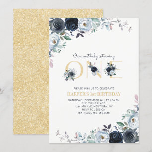 Invitation Navy & Gold Boho Floral 1er fête d'anniversaire