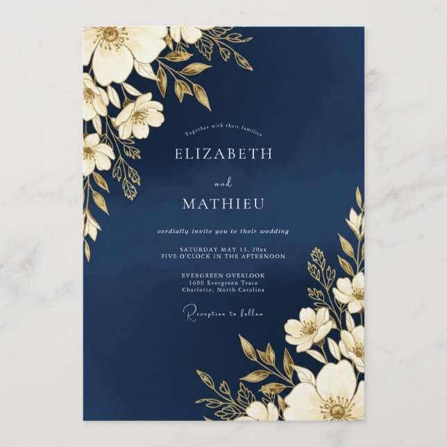 Invitation Navy Gold Floral Romance Wedding (Devant)