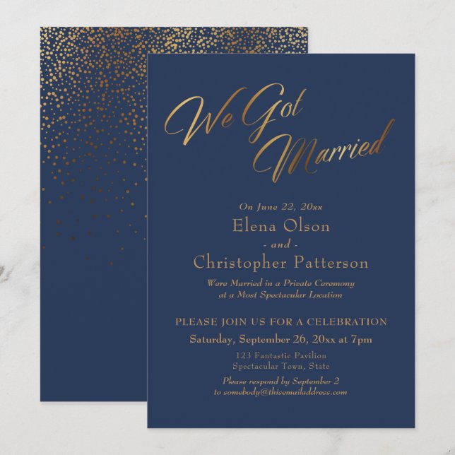 Invitation Navy & Gold Nous sommes mariés Réception de confet (Devant / Derrière)
