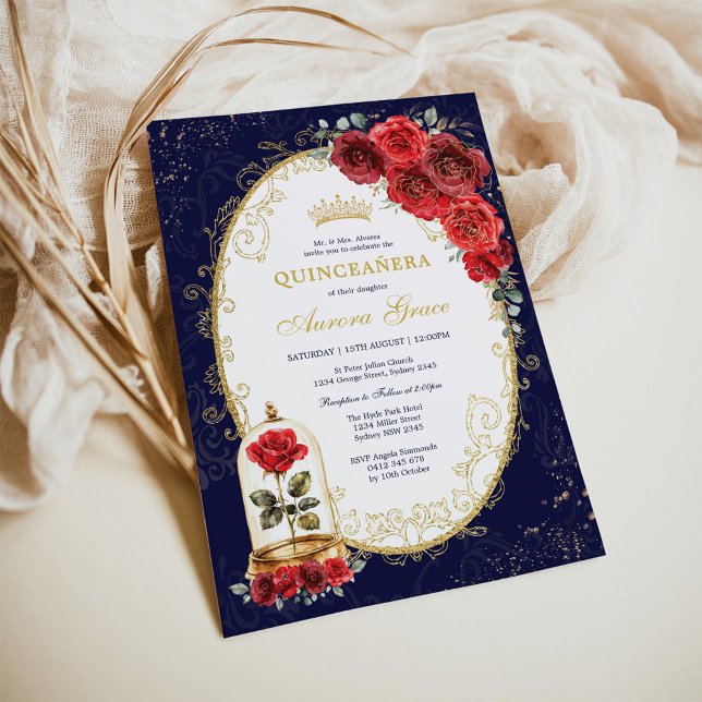 Invitation Navy Gold Quinceañera Enchanted Red Roses Party (Créateur téléchargé)
