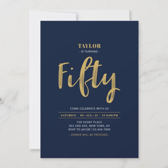 Invitation Navy & Gold Simple Cinquante-ème fête d'anniversai (Devant)