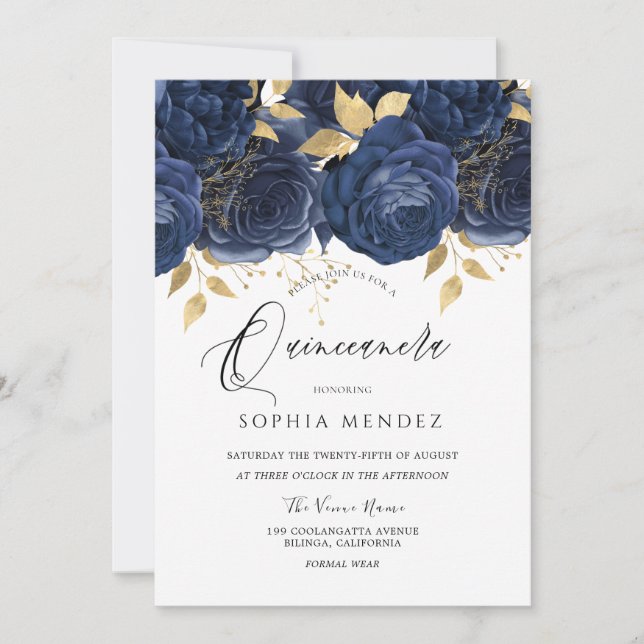 Invitation Navy Indigo Blue & Gold Floral Quinceanera Party (Devant)