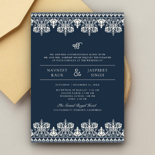 Invitation Navy Ivory Damassé Bordure Anand Karaj Mariage Sik