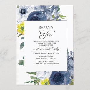 Invitation Navy Jaune Blanc Floral Elle a Dit Oui Fiançailles