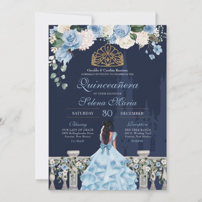 Invitation Navy & Light Blue Cinderella Princess Quinceañera (Devant)