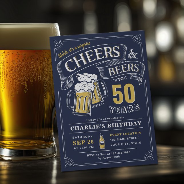 Invitation Navy N'Importe Quel Âge Salue Et Bières Surprise A (Navy Any Age Cheers And Beers Surprise Birthday Invitation)