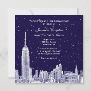 Invitation Navy NYC Skyline Etch Starry DIY BG Sweet 16 SQ #2