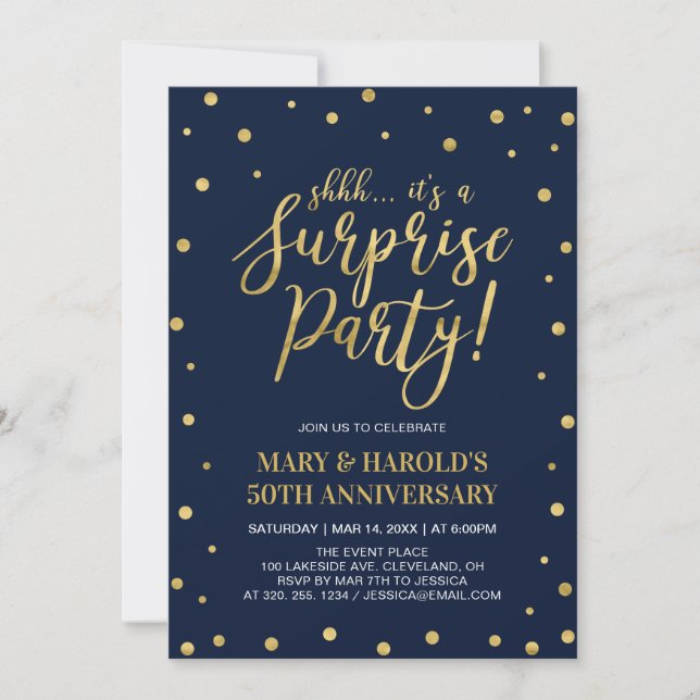 Invitation Navy & Or | 50e anniversaire de mariage surprise (Devant)