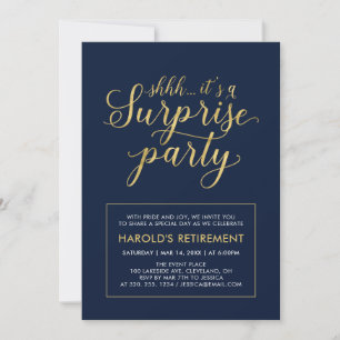 Invitation Navy & Or   Fête de retraite moderne et surprise