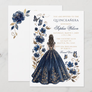Invitation Navy Or Floral Princess Papillon Quinceañera
